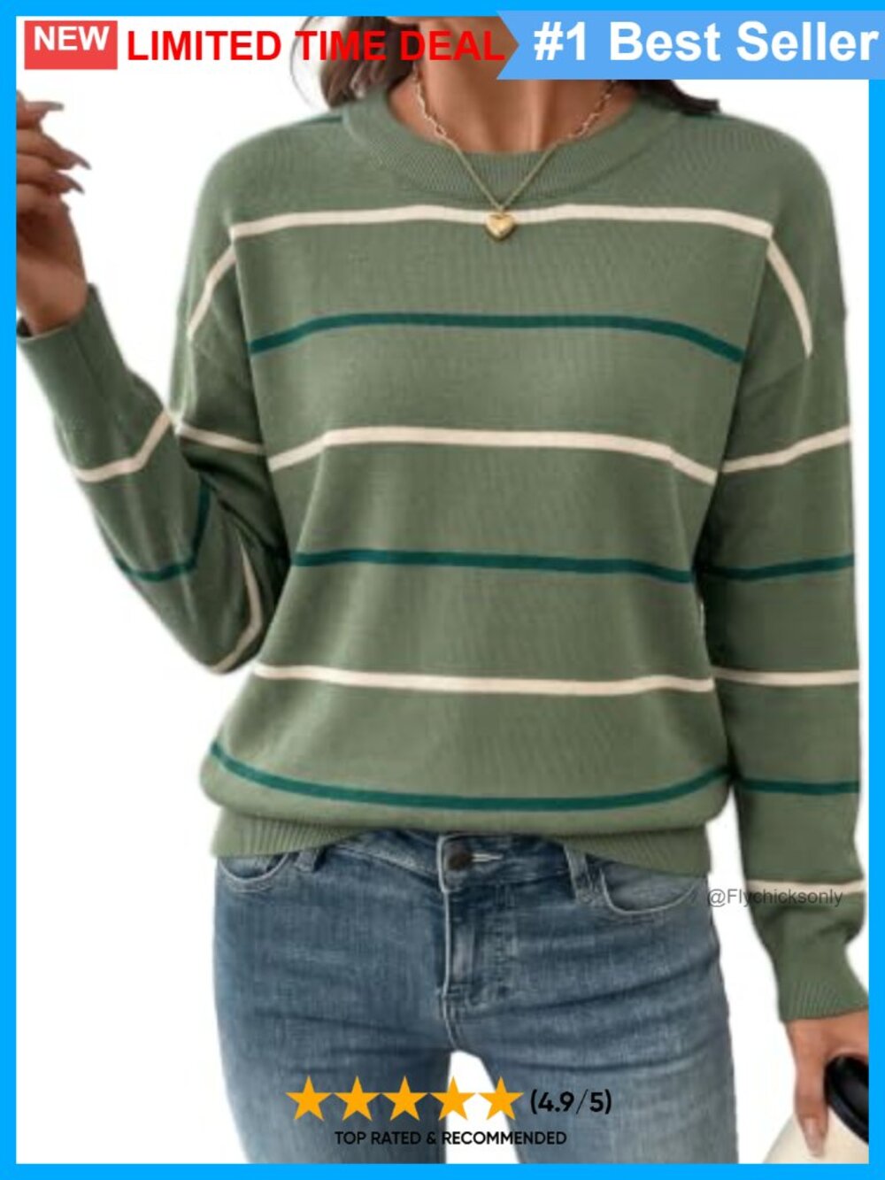 SHEWIN Womens Crew Neck Striped Knit Sweater Pullover Loose Fit Fall Top